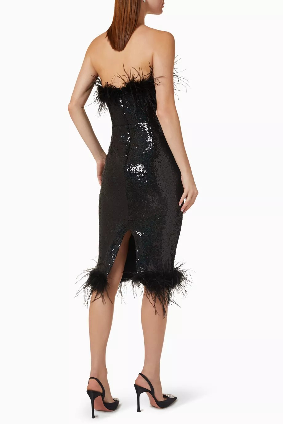 Bandeau Feather Midi Dress in Sequins