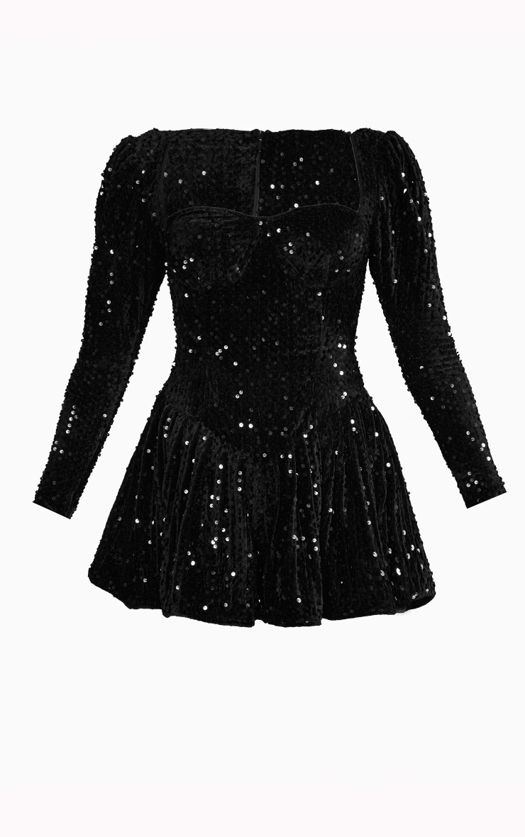 Black Sequin Cup Long Sleeve Dress