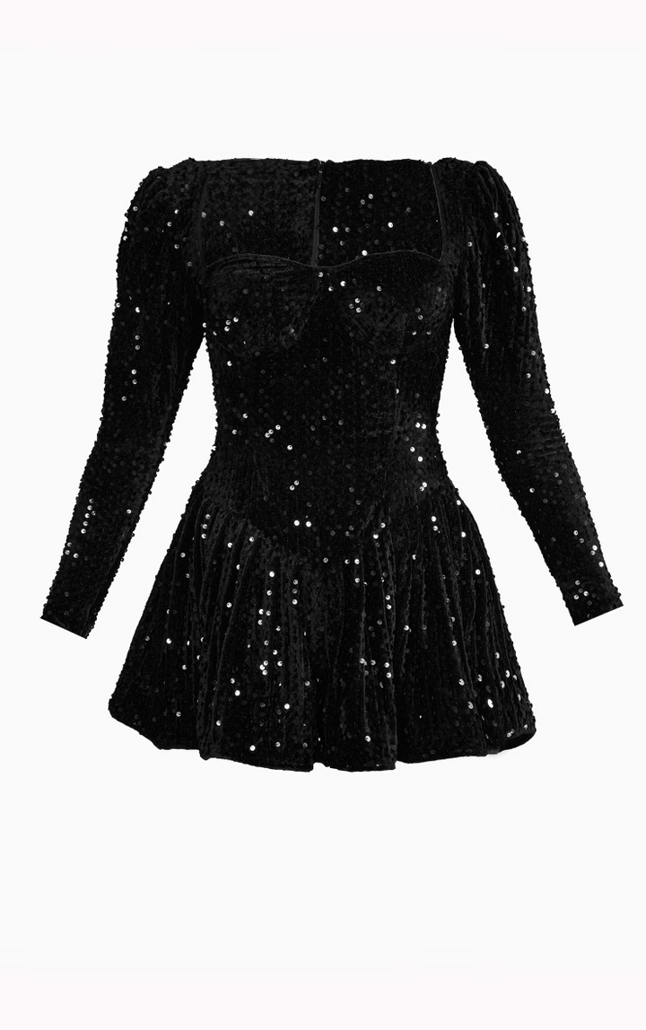 Black Sequin Cup Long Sleeve Dress